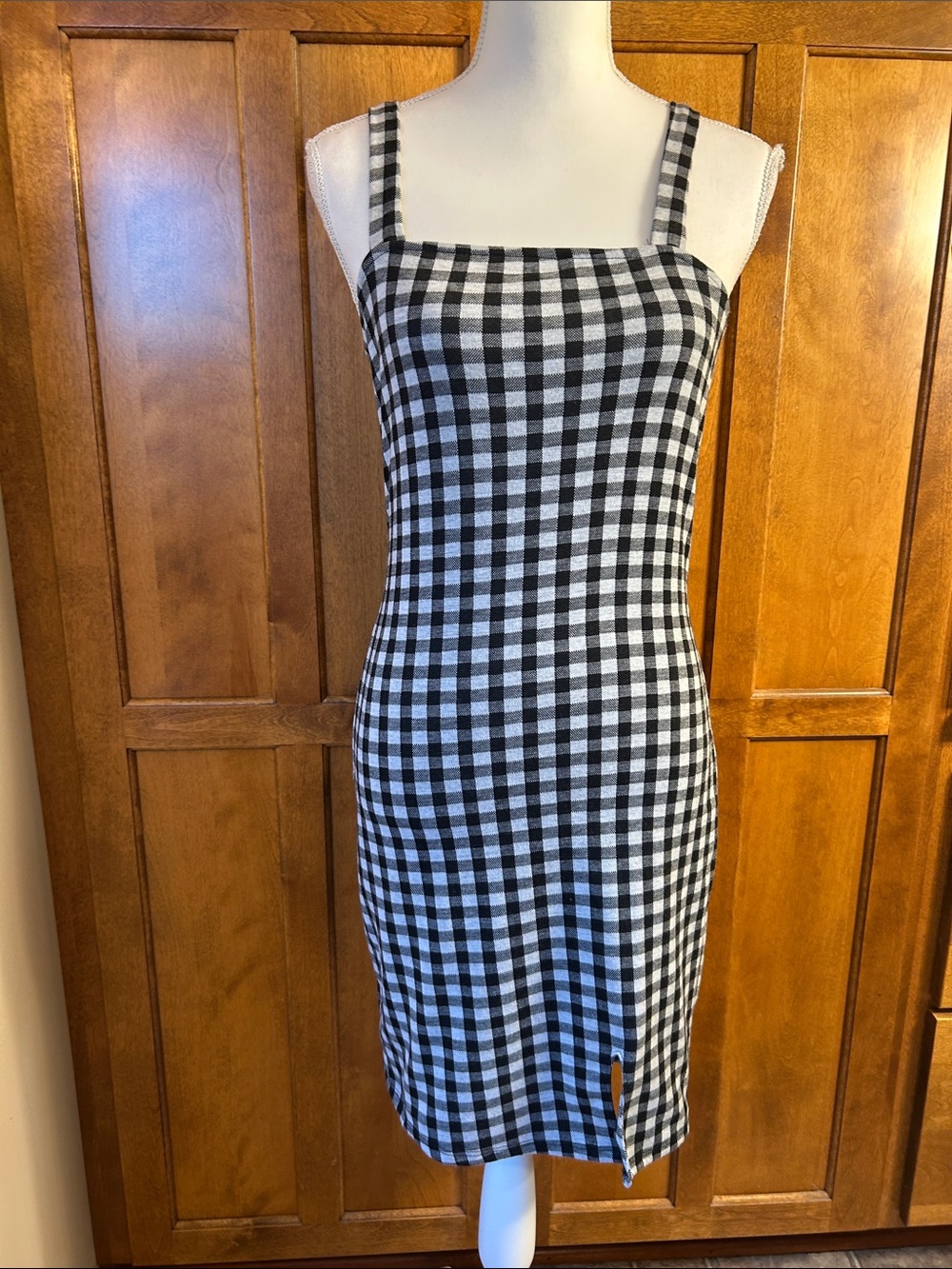 Just Polly Black White Gingham Mini Dress Square Neck Wide Straps. Sz M
